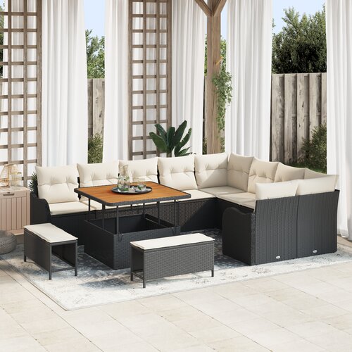 vidaXL set vrtnih sofe od 12 dijelova s jastucima Crna Poli Rattan Akacija, set vrtnih blagovaonica od 3 dijela s jastucima Crna Poli Rattan Akacija, 2-osobna vrtna sofa s jastucima Crna Poli Rattan Cene