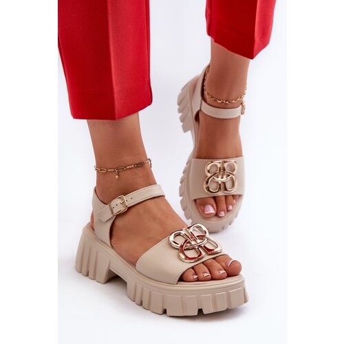 Kesi Beige women&amp;#039;s leather sandals with gold Vinceza decoration Slike