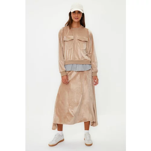 Trendyol Light Brown Velvet Shirt Detailed Knitted Skirt Bottom-Top Set