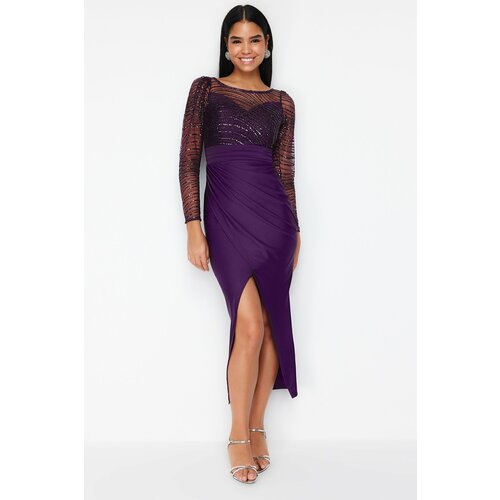 Trendyol Purple Sequin Tulle Knitted Long Stylish Evening Dress Cene
