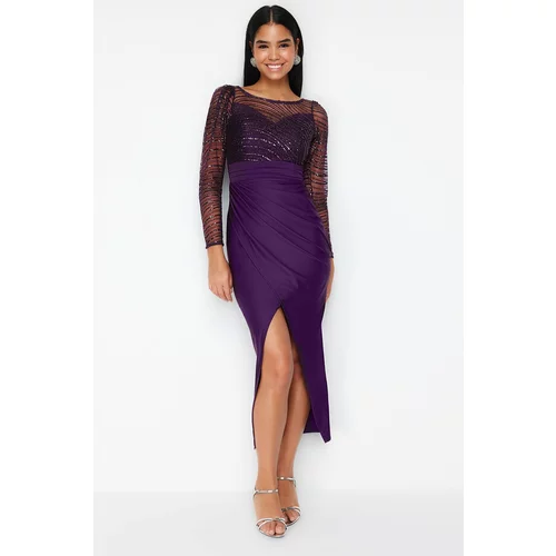 Trendyol Purple Sequin Tulle Knitted Long Stylish Evening Dress