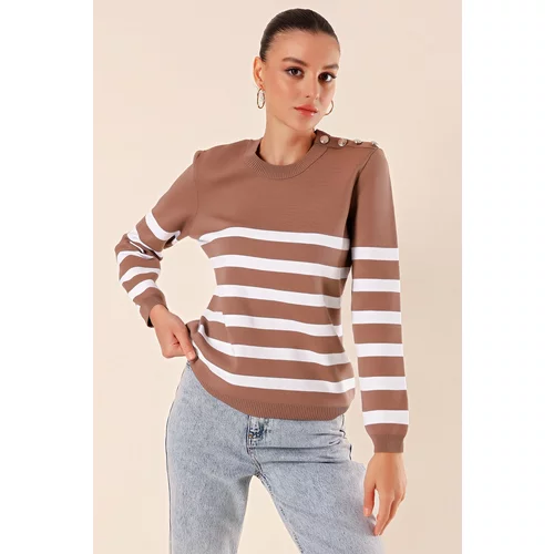 Bigdart 15820 Button Detail Striped Sweater - Pale Pink