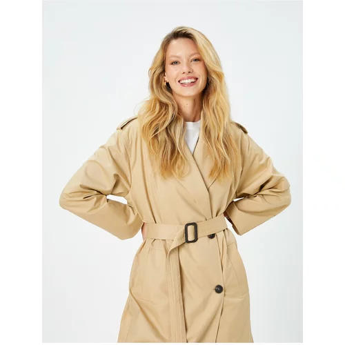 Koton Trench Coat Midi Length Belted Pocket Detailed Buttoned