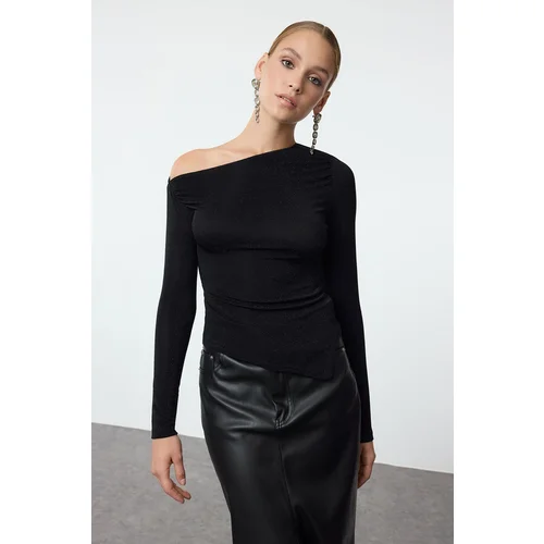 Trendyol Black Asymmetric Hem Detailed Glittery Knitted Blouse