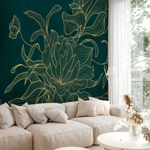  Foto tapeta - Green boudoir - linear drawing of a flower in golden colours on a dark background 100x70 Cene