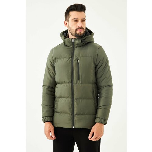 River Club Men's Khaki Thick Lined Hooded Water And Windproof Inflatable Winter Coat Slike
