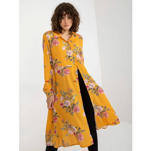Fashion Hunters Lady's Long Shirt with Floral Pattern - Yellow