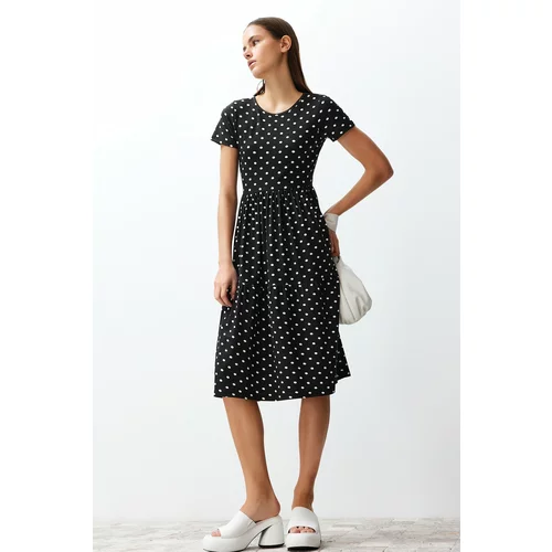 Trendyol Black Printed Skater/Waist Open Elastic Knitted Midi Dress