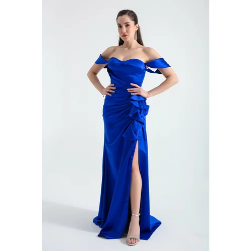 Lafaba Women's Saxe Blue Heart Collar Frilly Long Satin Evening Dress