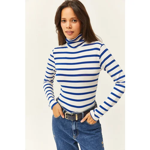 Olalook Women's Saks Blue Striped Turtleneck Premium Soft Touch Flexible Blouse