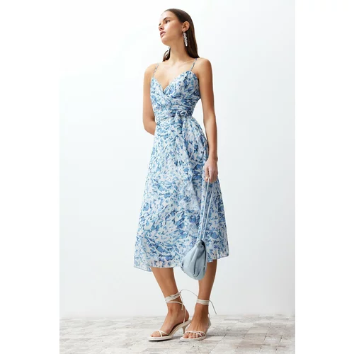 Trendyol Blue Animal Pattern Skirt Flounce Chiffon Lined Midi Woven Dress