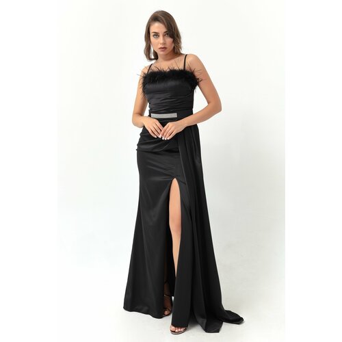 Lafaba Women's Black Long Satin Evening Dress with Rope Straps and Stones and a Belt Cene