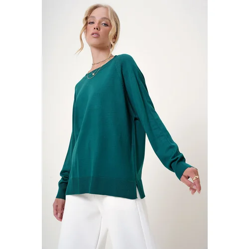 Trend Alaçatı Stili Women's Emerald Green Boat Neck Side Slit Flowy Knitwear Blouse