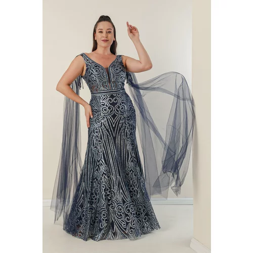 By Saygı Tulle Over the Shoulder Plus Size Lined, Silvery Long Dress With Shawl