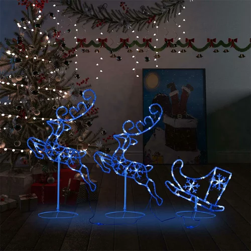 vidaXL božična leteča jelena in sani akril 260x21x87 cm modre barve