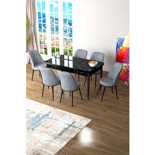 Hanah home Zen - Black Marble, Grey Black MarbleGrey Extendable Dining Table & Chairs Set (7 Pieces) Cene