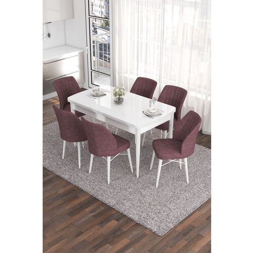 Hanah home Eva - White, Dusty Rose WhiteDusty Rose Extendable Dining Table & Chairs Set (7 Pieces) Cene