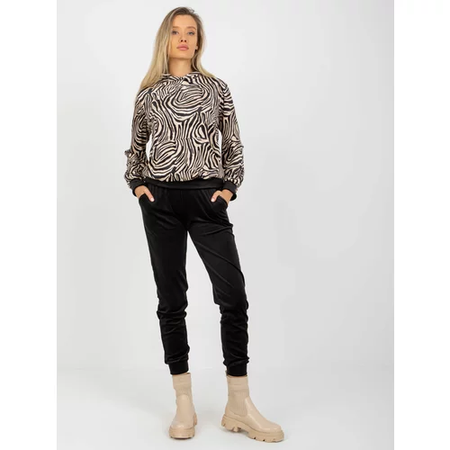 Fashion Hunters Beige-black velour set with RUE PARIS leopard pattern sweatshirt