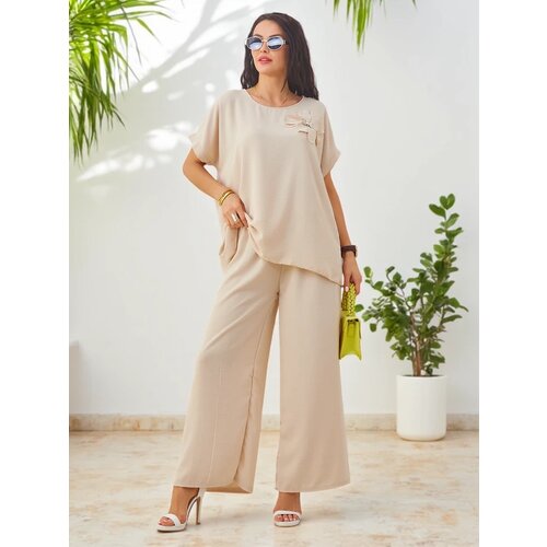 Resti Women's set with short sleeves, decorative flower, and wide pants Cene