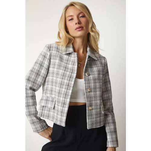 Happiness İstanbul Women's White Buttoned Tweed Jacket