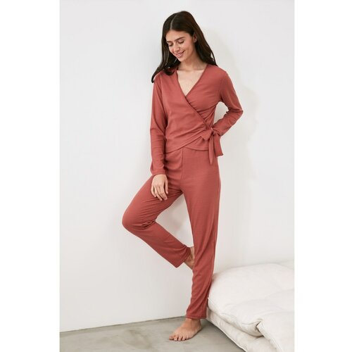 Trendyol Dried Rose Double Breasted Knitted Pajamas Set Slike
