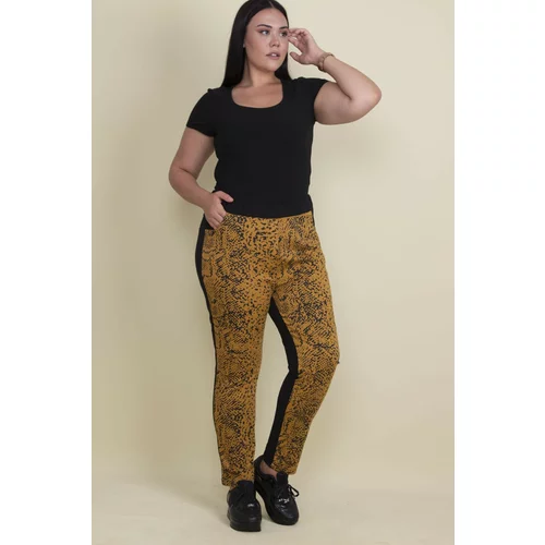 Şans Women's Plus Size Mustard Lacquer Patterned Pants with Pockets with Elastic Waist
