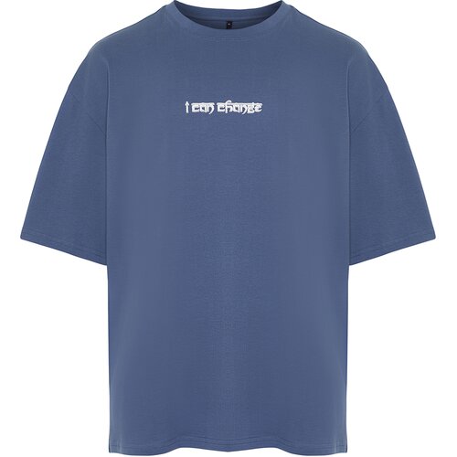 Trendyol Men's Indigo Oversize Text Printed 100% Cotton T-Shirt Slike