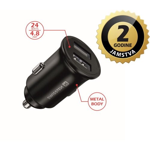 Swissten punjač za auto, 2xUSB, 4.8A, 12-24V, metalic, crni Slike