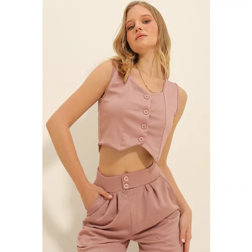 Trend Alaçatı Stili Women's Powder Pink Sweetheart Collar Buttoned Crop Vest