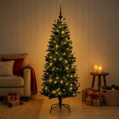  Umjetno božićno drvce s kuglicama 150 cm 150 LED lampica - 150 cm s LED-ima i crnim lopticama Zelena Slike