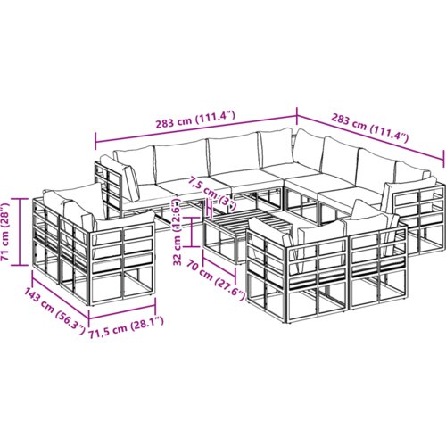 VidaXL Sjedeća garnitura za vrt 12 pcs Crna 70 x 70 x 32 cm Aluminij Slike