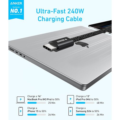 Anker Zolo USB tip-C kabl M/M 1m, super brzo punjenje 240W, pleteni, crni Cene