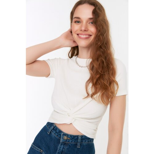 Trendyol White Tie Detailed Crop Knitted Blouse Cene