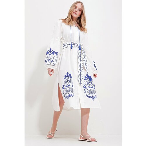 Trend Alaçatı Stili Women's White Large Collar Belted Double Slit Linen Dress Slike