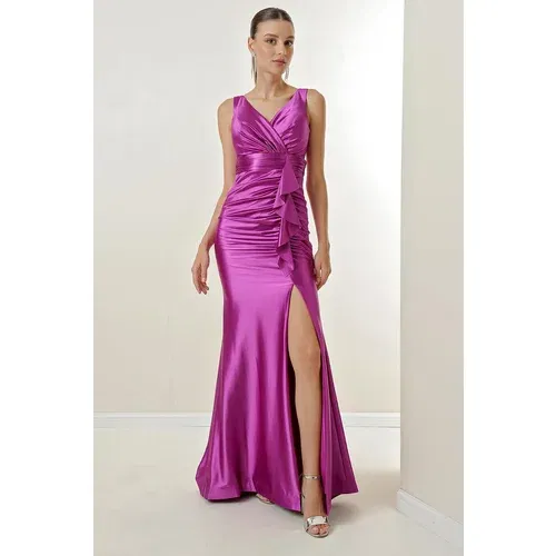 By Saygı Wide Body Interval Long Satin Dress with Flounce Front Draped