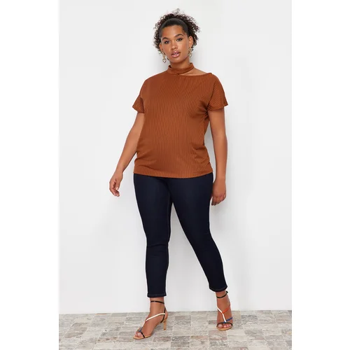 Trendyol Curve Brown Crew Neck Knitted Blouse