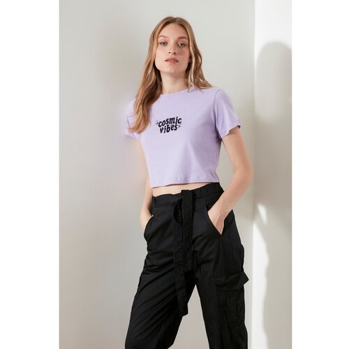 Trendyol Lila Embroidered Crop Knitted T-Shirt Slike
