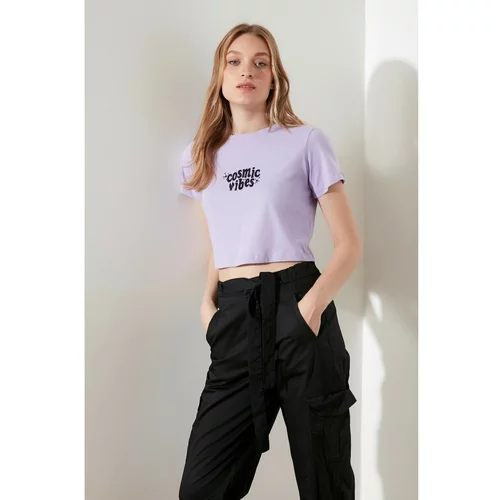 Trendyol Lila Embroidered Crop Knitted T-Shirt