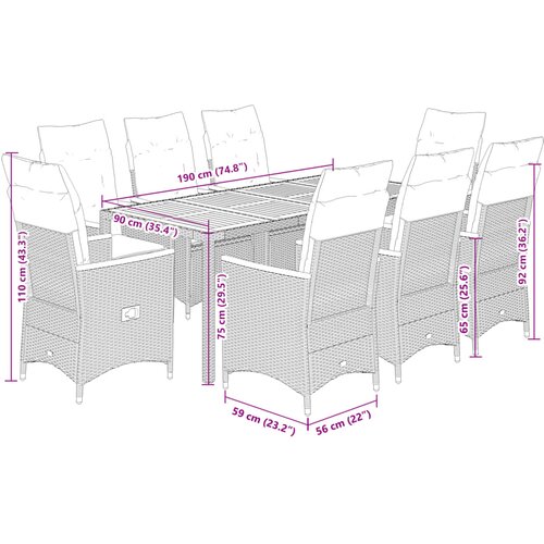  9-dijelni vrtni blagovaonski set s jastucima crni od poliratana Crna 190 x 90 x 75 cm Slike