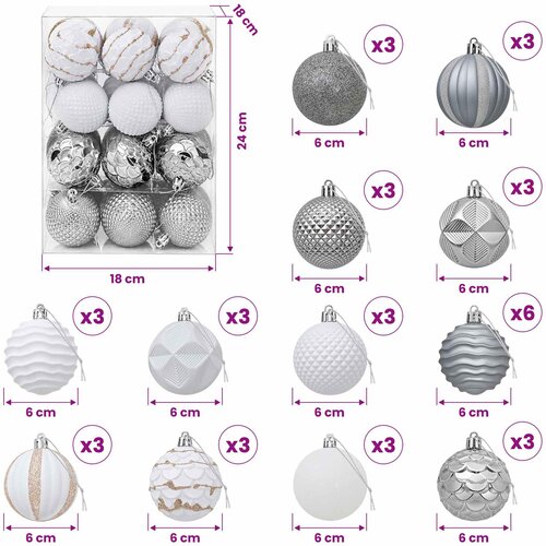  Set božićnih kuglica 36 kom. Bijela i siva 6 cm Polistiren Slike