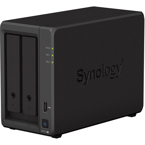Synology DS723+, Tower, 2-Bays 3.5&amp;prime; SATA HDD/SSD, 2 x M.2 2280 NVMe SSD, CPU AMD Ryzen R1600 dual-core (4-thread), max. boost up to 3.1 GHz, 2 GB DDR4 ECC SODIMM, 2 x 1GbE RJ-45, 1 X USB 3.2, 1 x eSATA, 1.51 kg, 3y Slike