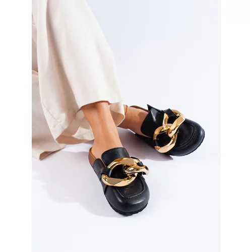 SHELOVET Black slippers with large chain