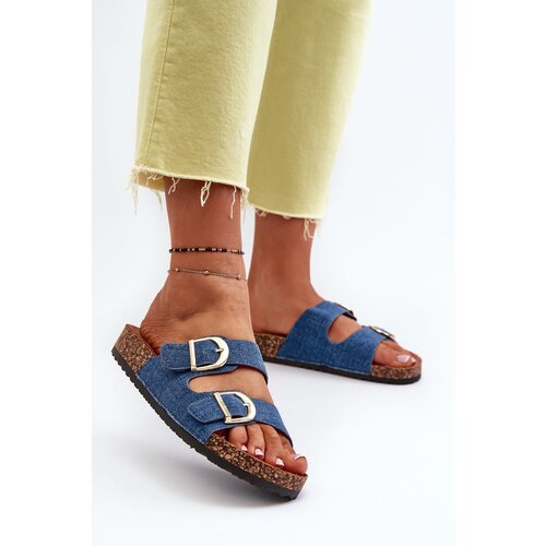 Kesi Women&amp;#039;s denim slippers on a cork platform with straps, dark blue Doretta Slike