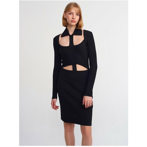 Dilvin 90143 Polo Collar Buttoned Knitwear Dress-Black Cene