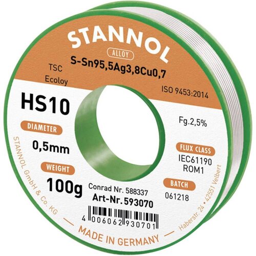 Stannol HS10 2510 spajkalna žica\, neosvinčena tuljava Sn95\,5Ag3\,8Cu0\,7 ROM1 100 g 0.5 mm, (20428522) Slike