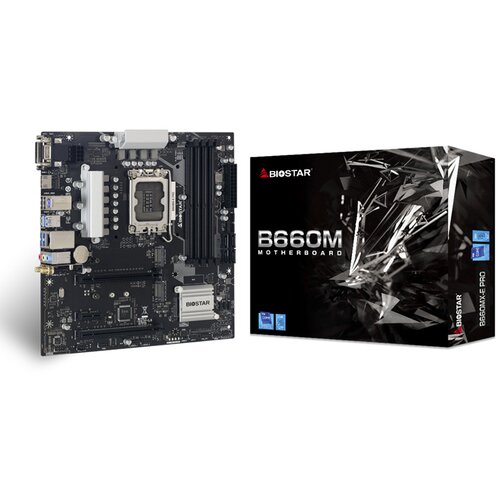 Mb BIOSTAR B660MX-E PRO, mATX, Soc 1700, DDR4, M.2, GbE LAN, HDMI, VGA, DVI Slike