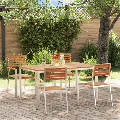 VidaXL Set za jedilnico na vrtu 5 kosov Trden akacijev les, Zunanja jedilna miza 150x90x75 cm Trden akacijev les, Zložljivi vrtni stoli 4 kosa Trden akacijev les in jeklo Slike