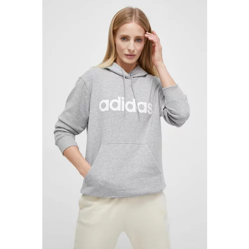 Adidas Bombažen pulover ženska, siva barva, s kapuco