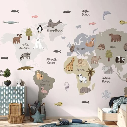  Foto tapeta - Pastel Map - Animals and Continents for Children\'s Room 350x256 Vodootporna Cene