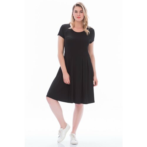 Şans Women's Plus Size Black Viscose Fabric Pleat Detailed Short Sleeve Dress Slike